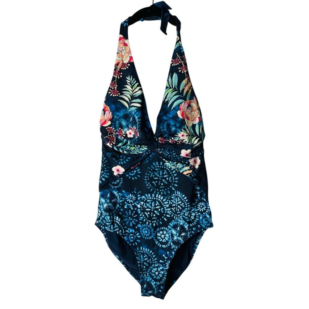Johnny Was Annia Twist Halter One Piece Swimsuit Navy Floral Mandala Small